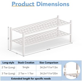 Haddockway Long 2 Tier Bamboo Shoe Rack Storage Organizer, Multifunctional Free Standing Stackable Shoe Shelf with Grid Panel for Closet,Hallway,Entryway,Small Space 34.2"x11"x13"