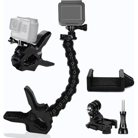 Jaws Flex Clamp Mount with Adjustable Gooseneck, Upgrade Camera Mount Clamp with Cell Phone Holder & Rotation Base, Compatible with GoPro Hero All Series, DJI OSMO, Akaso, Action Cameras