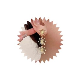 Yheakne Vintage Gold Triple Flower Dangle Earrings Three Flower Gold Tassel Earrings Hollow Flower Stud Earrings Tiered Triple Petal Earrings Jewellery for Women and Girls
