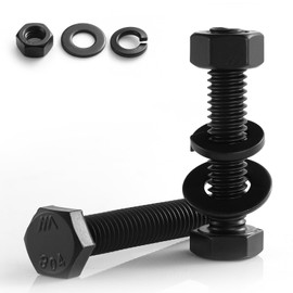 BNUOK 3/8-16 x 1-3/4" Hex Head Screws Bolts,Hex Nuts,Flat & Lock Washers,304 Stainless Steel 18-8,Black Zinc Plated,Fully Threaded(12 Sets)