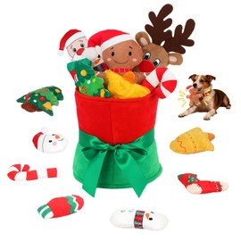 Rypet 11 PCS Christmas Plush Dog Toys Set, Interactive Dog Toys Filled Crinkle Paper for Aggressive Chewers with Bouquet Box,Durable Puppy Teething Toy Xmas Interactive Puppy Toy for Small Dog
