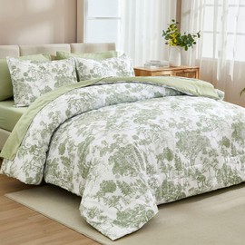 DJY Comforter Set Queen Size, Sage Green 7 Pieces Bed in a Bag Queen Botanical Comforters with Sheets Elegant Plants Print Soft Microfiber Reversible Complete Bedding Sets for All Season