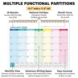 Apeso Wall Calendar 2025-2026 Academic Year, Family Large Monthly Calendar Canada Francais for Wall Fridge, Mom 18 Months Daily Planner from January 2025 to June 2026 with Planner Stickers, 14.7" x 11.6" (Rainbow)