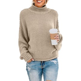 YUNDAI Womens Jumpers Turtleneck Batwing Long Sleeve Loose Oversized Sweater Knitted Pullover Solid Color Chunky Tops for Winter, X-Large Khaki