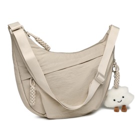 Micmores Crossbody Bag Women's Shoulder Bag, Nylon Shoulder Bag, Moon Bag, Stylish Crescent Moon Bag with Adjustable Shoulder Strap, Hobo Casual Handbag for Work, Travel, Everyday Use, Light Beige,