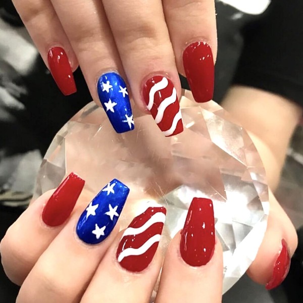 Red Blue Press on Nails Medium Coffin Independence Day Fake