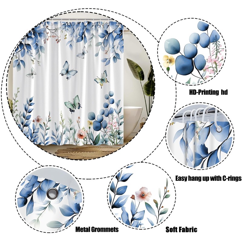 MYYJYY Blue Eucalyptus Leaves Shower Curtain for Bathroom 70" W