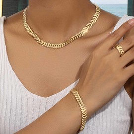 Wendalern Gold Indian Jewellery for Women Wheat Link Chain Necklace Bracelet Ring Set Herringbone Chain Choker Necklace Wheat Chain Bracelet Link Chain Ring Bridal Jewellery Set for Wedding, Zinc, No