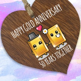 50th Wedding Anniversary Plaque Gift for Husband Wife - 50 Years Together - Happy Gold Anniversary Wooden Heart for Women Men Partner, Dark Wood Sign Keepsake Gifts