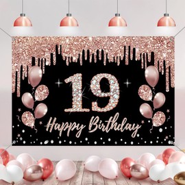 19th Birthday Decorations for Girls, Party Decoration Black and Rose Gold, 19th Birthday Fabric Sign Hanging Poster, 19th Birthday Background Banner Party Welcome Sign