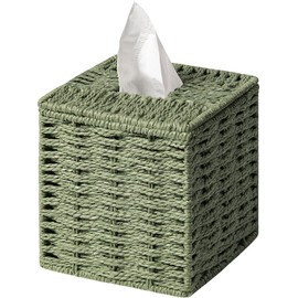 Funda para caja de pañuelos, cuerda de papel tejida a mano para decoración del hogar, encimera de baño, oficina, mesita de noche, verde oscuro