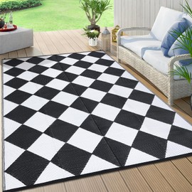 MilleLoom Geometric Outdoor Rugs 9x12 Reversible Mats Outdoor Rugs for Patio Clearance, Plastic Straw Rug Waterproof Outdoor Area Rug for RV, Backyard, Deck, Picnic, Beach, Trailer Camping Black/White