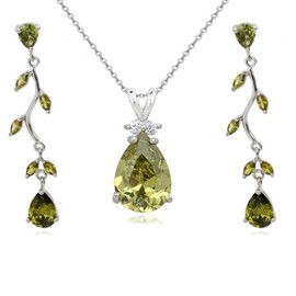 Crystalline Azuria Tropfenform Schmuck-Set mit Grünes Olivin Zirkonia Kristalle Halskette Anhänger 45 cm Ohrringe 18 kt Weiß Vergoldet für Damen