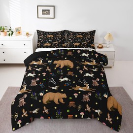 Feelyou Bear Bedding Set Queen Size Toddler Deer Hunting Comforter Set for Boys Farmhouse Mushroom Rabbit Comforter Bird Cabin Black Duvet Set Room Decor Quilt Set
