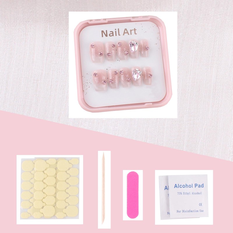 MZCMSL Handmade Nail Tip, Short, Square, Pink, Crystal Stone, 3D,