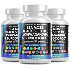 Sea Moss Black Seed Oil Ashwagandha Turmeric Bladderwrack Burdock & Vitamin C Vitamin D3 with Elderberry Manuka Dandelion Yellow Dock Iodine Chlorophyll ACV - 3Pack