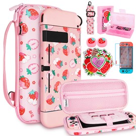 TIKOdirect Carrying Case for Switch, Cute Portable Travel Bag Accessories with Soft Protective Cover, Screen Protectors and Thumb grip caps, Game Card Case 7in1, Pink