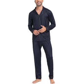 AIYINO Men's Pyjamas Set Long Sleeve Men Nightwear Lounge Wear with Pockets L Navy
