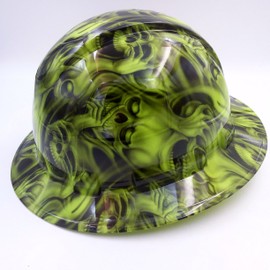 Wet Works Imaging Customized Pyramex Full Brim HI VIS Green See NO Evil Skulls Hat with Ratcheting Suspension