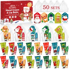 50 Pack Christmas Hand Cream and Lip Balm Gift Set, Bulk Christmas Gifts with Christmas Cards and Organza Bag, Christmas Decorations, Party Favors and Stocking Stuffers for Women