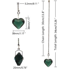 Hyamass 2pcs Crystal Heart Prisms Pendant Ceiling Fan Pull Chain Extender with Ball Chain Connector, Fan Chain Pulls Decorative for Ceiling Fan Light (Emerald)