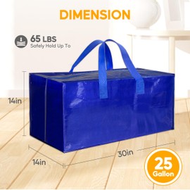 HealSmart 6 Pack Extra Large Moving Bags with Zippers & Carrying Handles, Heavy-Duty Storage Tote Moving Boxes for Dorm Room Essentials Storage Bags, Blue