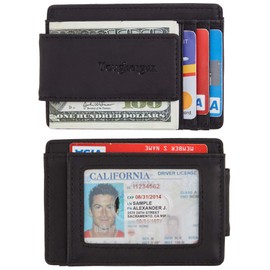 Toughergun Minimalist Wallet for Men with Magnetic Money Clip Leather Slim Wallet, Credit Card Holder RFID Blocking Front Pocket Holds Cash and Cards (Black)