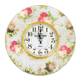 Vintage Floral Glass Wall Clock, V-Rose Collection, Rose & Hydrangea Design, 11.6" Round, Antique-Style, Battery Operated, Wall Clock for Living Room or Bedroom, White