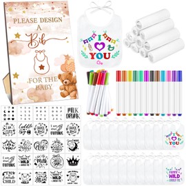 Panitay 100 Pcs DIY Baby Bibs Decorating Kit 50 White Bibs 25 Stencils 24 Fabric Markers 1 Baby Shower Game Sign(Brown Bear)
