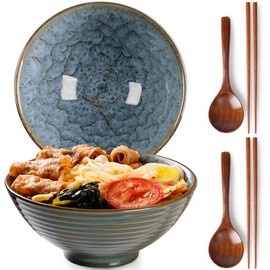 NUTRIUPS 8 Inch Ceramic Ramen Bowl Set of 2 Pho Bowls 40oz Japanese Noodle Udon Soup Bowls with Spoons and Chopsticks (Blue Peacock)