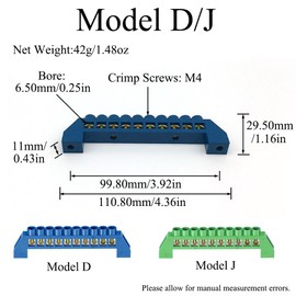 10 Positions Blue Terminal Block Bus Bar Brass Ground Bar with Screw Terminals for Electrical Box (Pack of 2)