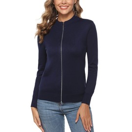 Youngull Zip Front Jacket for Women Casual Lightweight Cardigan Zip Up Sweater Tops Long Sleeve Knitted Sweatshirts, Navy Blue, Small