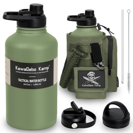 KawaGebo Kamp Half Gallon Tactical Water Bottle With Straw - 64 OZ Stainless Steel Water Jug with 3 Lids, Paracord Handle, Molle System