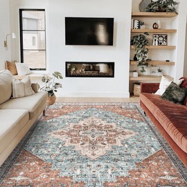 Living Room Area Rugs 8x10 Machine Washable Mid Century Modern Boho Extra Large Indoor 70s Vintage Eclectic Colorful Bohemian Rug for Bedroom,Terracotta Rust Burnt Orange and Turquoise Blue