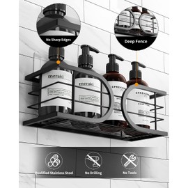 Adhesive Shower Caddy Shelf No Drilling Wall Mounted SUS304 Stainless Steel Shower Organizer for Inside Shower Rustproof Bathroom Storage Shelf & Kitchen Spice Rack - 2 Pack (Black)