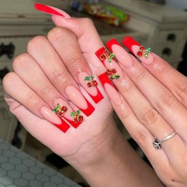 FOXIIU Press on Nails Coffin Long Length Glossy Full Cover Acrylic Coffin Shape French False Nails with Designs Artificial Ballerina Square Fake Nails with Charms Glue ons Nails for Women(XA8074)