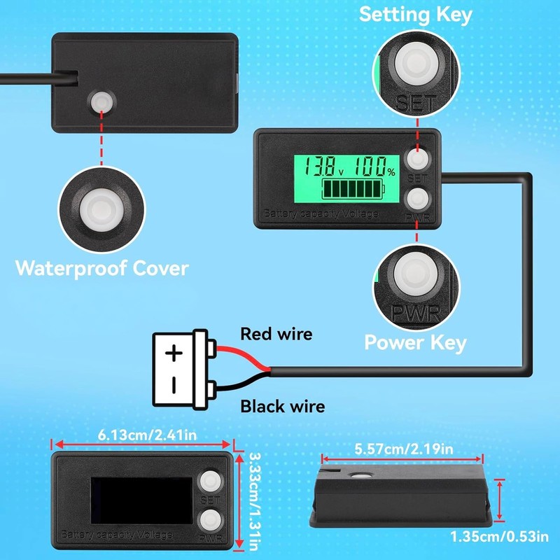 DROK Waterproof Battery Monitor 8-100V, Volt Meter Battery Capacity Tester