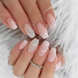 Light Pink Press on Nails Short Coffin Fake Nails White Pink Gradient Design Stick on Nails Bling Glitter False Nails Artificial Full Cover Acrylic Glue on Nail for Women Girl Manicure 24Pcs
