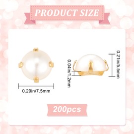 GORGECRAFT 200Pcs Sewing Pearl Beads Two Holes Sew on Pearls and Rhinestones with Gold Claw Flatback Half Round Pearl Garment Accessories for Craft Clothes (7.5MM)