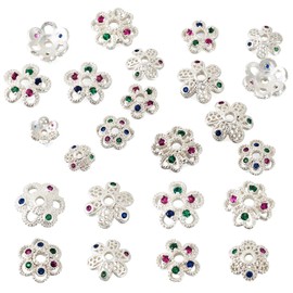 Elecrelive 16Pcs Flower Bead Caps Silver Spacer Beads with Cubic Zirconia Stone Flower Cup Shape Bails End Charms for Necklace Bracelet Earring Jewelry Supplies