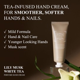 Lily Musk White Tea Perfume Hand Cream (1.7oz/50ml) - Nourishing Hand and Nail Care with Biotin - Moisturizing Capsules for Hydrating - Natural Herbs - Travel Size for Women - Floral Musk Scent