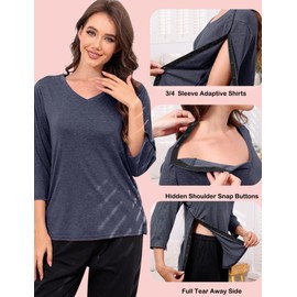 Tfovorlein Women Arm Broken Surgery Shirts Snap Shoulder Therapy Rotator Cuff Recovery Button Port Access Clothes Dialysis Clothing Navy Blue S