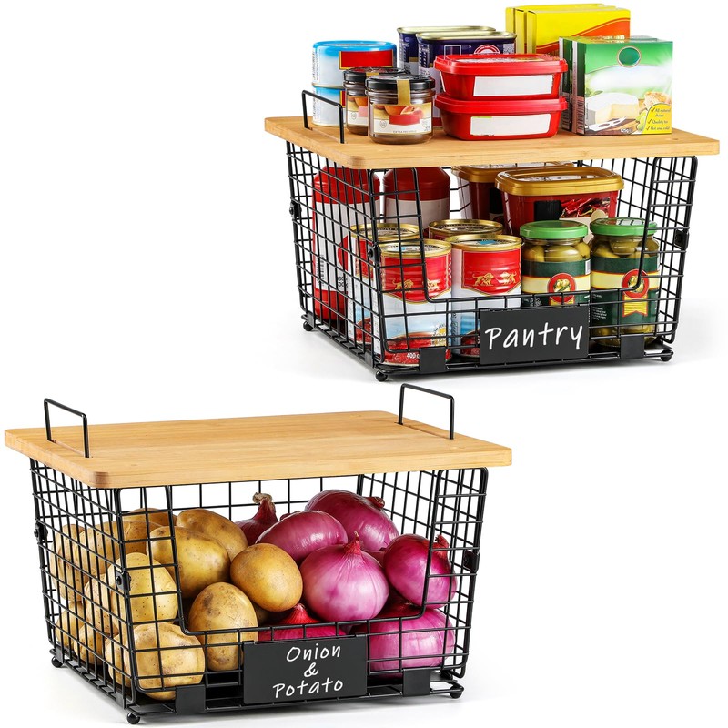 2 Set XXL Stackable Wire Basket with Bamboo Tops &