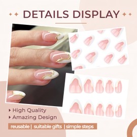 White French Tip Press on Nails Gold Line Fake Nails Medium Almond False Nails Nails Press ons Nail Tips Stick on Nails Full Cover Chrome Gold Line Artificial Acrylic Nails for Women Manicure 24Pcs