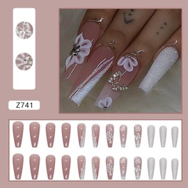 Glitter 3D Butterfly Rhinestones Fake Nails Square Press on Nails Extra Long Ballerina False Nails Design Glossy Solid Color Acrylic Nails for Women Reusable Stick on Nails with Glue on Nails