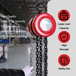 AAIN Hand Chain Hoist, 1 Ton (2200 lbs) Capacity, 10 Feet with 2 Heavy-Duty Hooks. Manual Hand Lift Steel Chain Block Hoist for Lifting Goods in Transport and Workshop - Red.