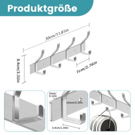 MEIJO Coat Hooks, Stainless Steel Coat Hooks, Wall Hooks, Coat Rack, Wall Coat Rack for Bedroom, Bathroom, Kitchen, Clothes Rack (Silver, 4 Hooks, Pack of 2)