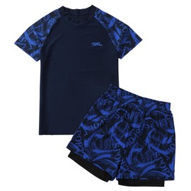 Two Piece Beach Bathing Suit for Boy Short Sleeve UPF Swimwear with Swim Trunks Summer Swim Set Sun Protection Rashguard Navy Blue 9-10 Years