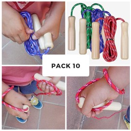 Childrens Skipping Ropes. Wooden Handle Skipping Ropes for Kids. 10 Colourful Jump Ropes for Outdoor Games and Children's Parties. (Pack 10)