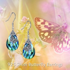 POPLYKE Butterfly Earrings Sterling Silver Leverback Earrings for Women Teardrop Celtic Abalone Dangle Earrings Butterfly Gifts Birthday